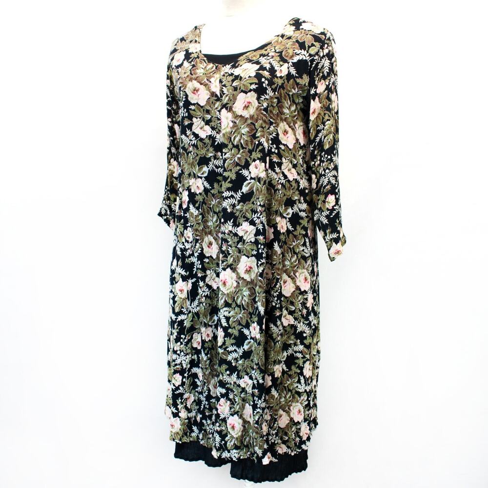 Her Style Vintage 80's Reversible Black Floral Rayon Modest Midi Dress Medium